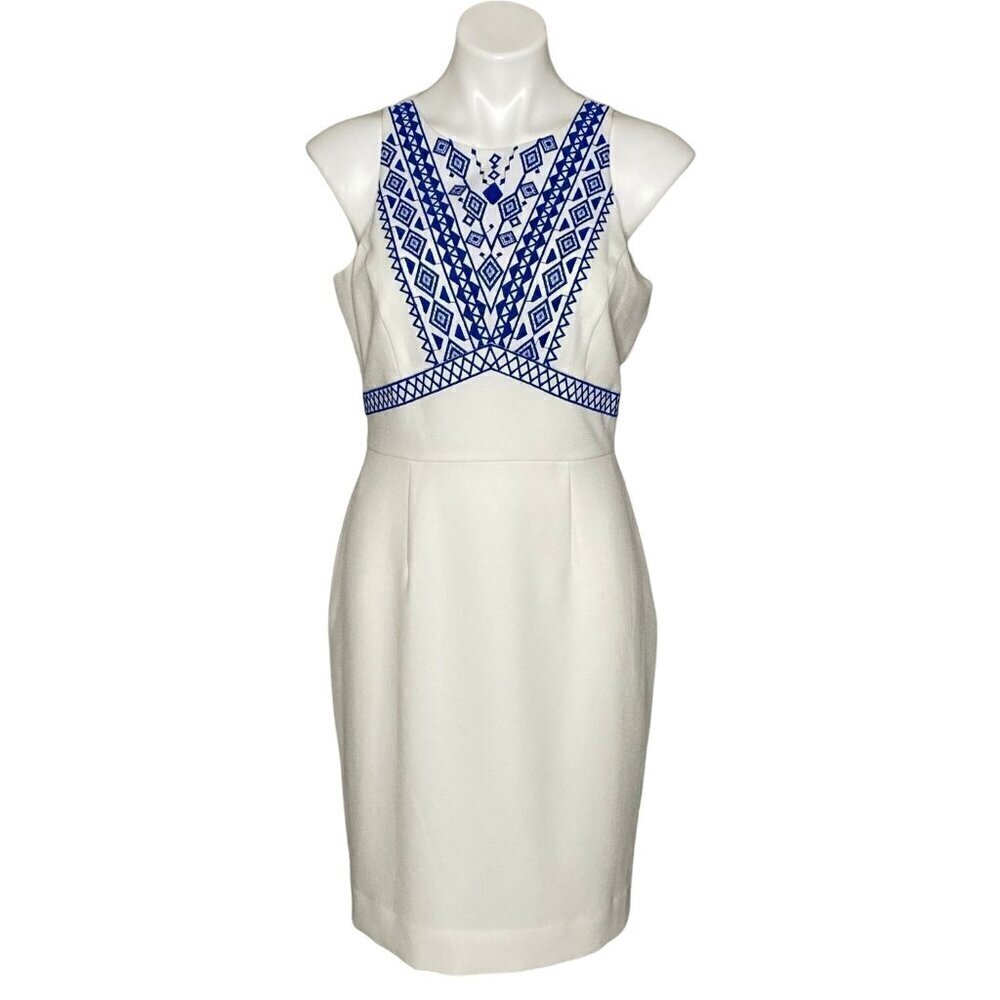 Cremieux NWT Sleeveless Sheath Dress, White Blue Embroidered Women's Size 6